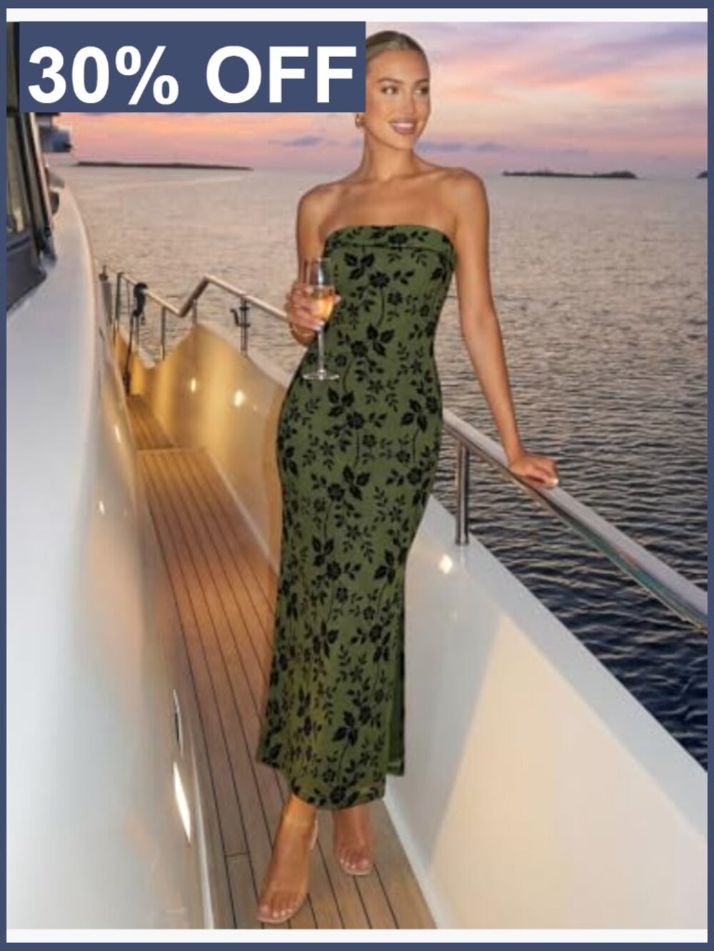 Formal Strapless Bodycon Floral Tube Mesh Cocktail Party Maxi Dress - Picture 2 of 7